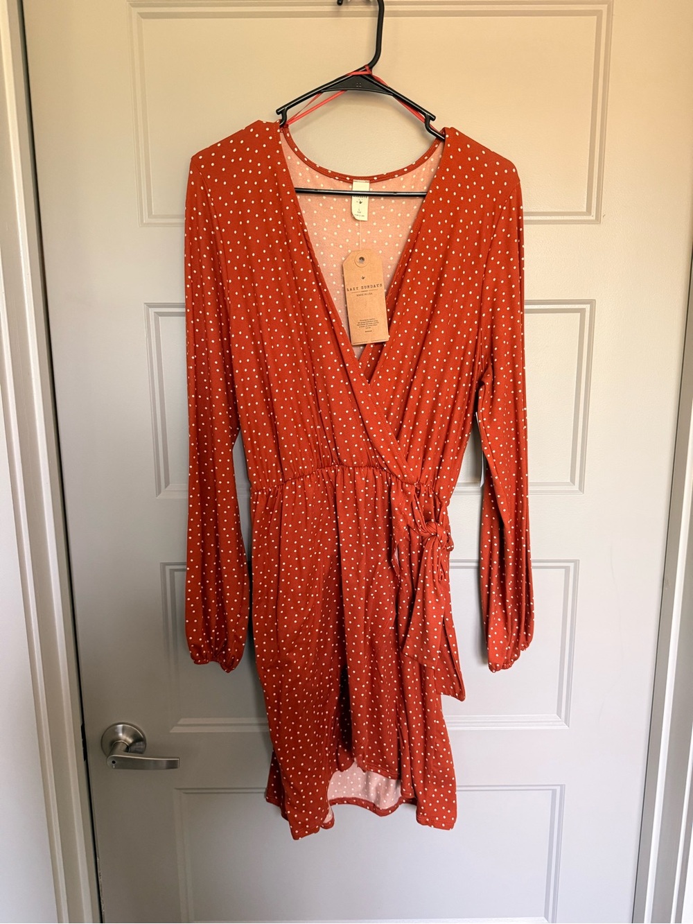 Rust Polka Dot Wrap Mini Dress with Tie Waist